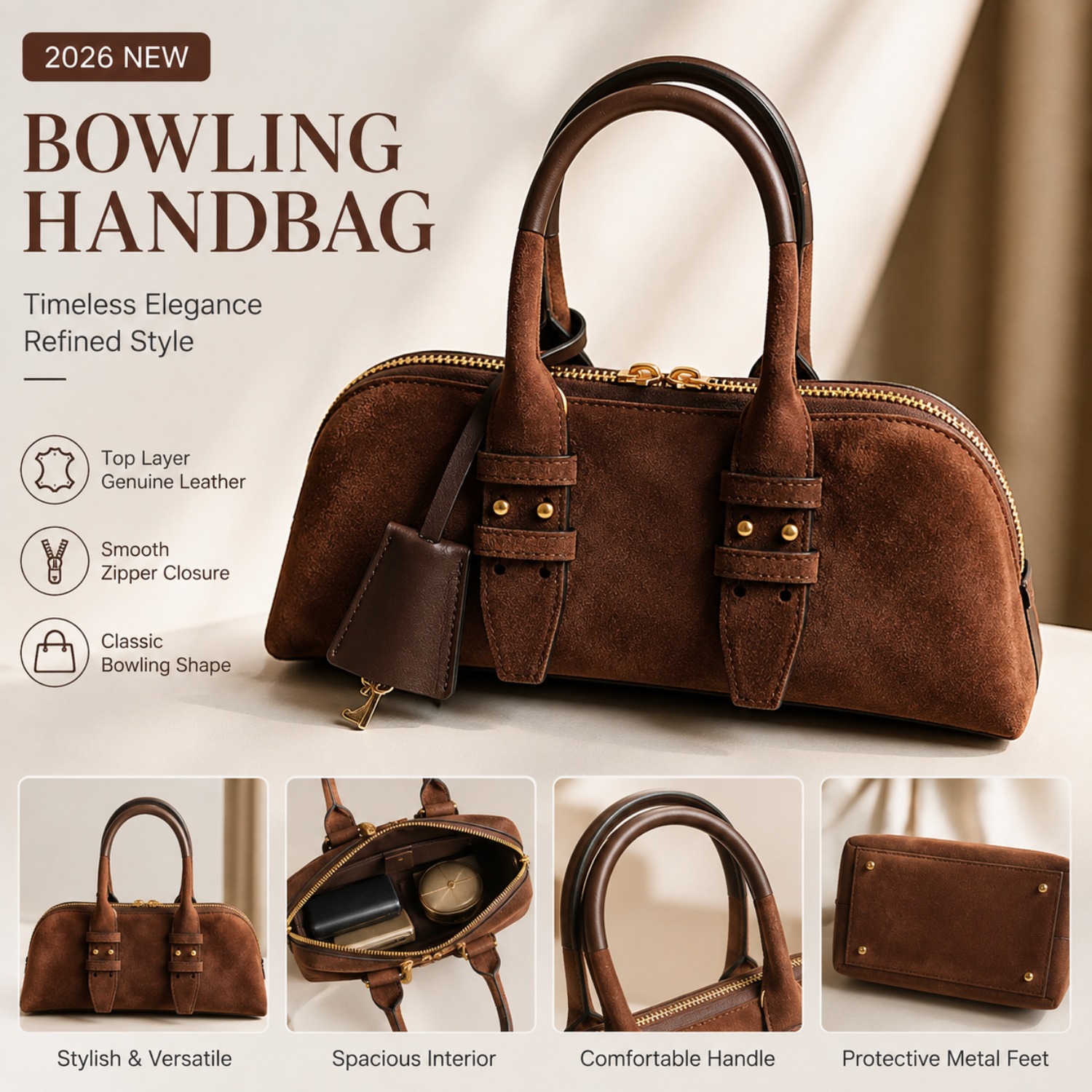 Women's Genuine Leather Bowlin - đánh giá và giá Structured Handbag Top Handle